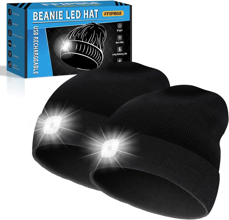 FFIPBGE Christmas Stocking Stuffers for Men Adults, Beanie Hats with Light, USB Rechargeable LED Hand Free Headlamp, Birthday Gifts for Men, Women, and Teens, Ideal for Camping, Hiking, 2 Pack, Black - Image 1